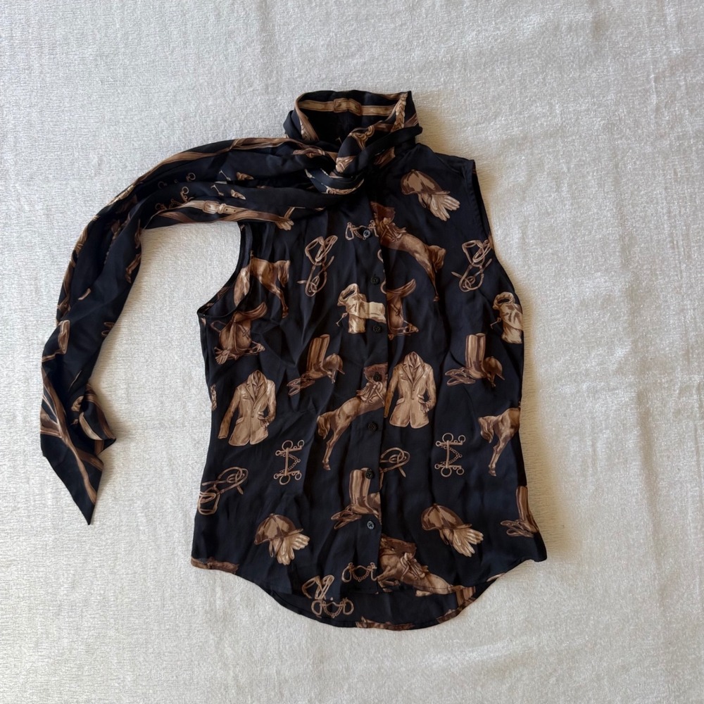 Lauren Ralph Lauren Black Silk Equestrian Horse Print Tie Neck Sleeveless Blouse - Picture 6 of 15